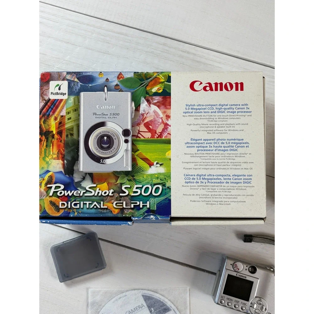 Canon PowerShot S500 Digital ELPH 5MP Camera Silver w/ Box CF Card Works READ